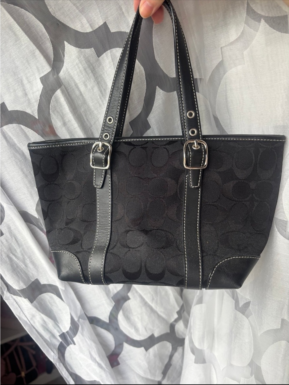 Coach Vintage Black Signature Canvas Tote with Leather Accents